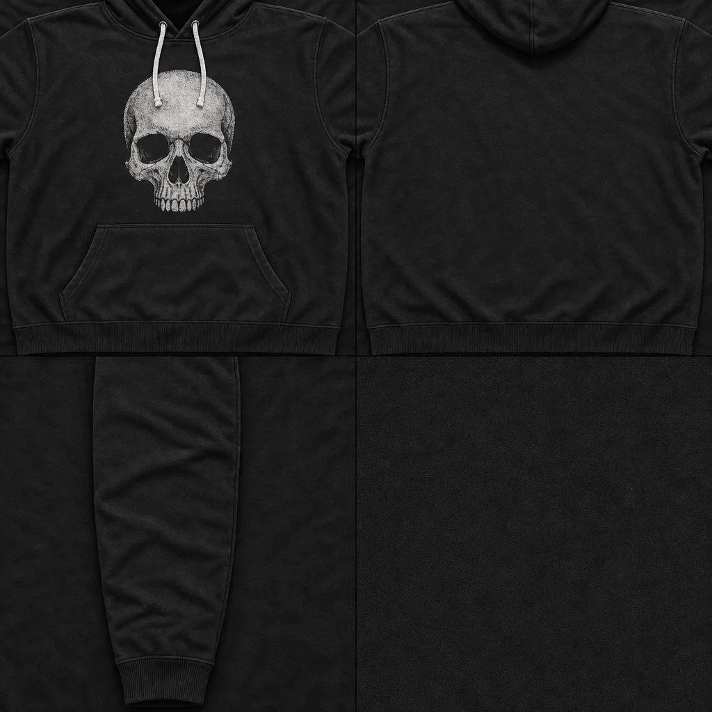 AI sheet for the skull hoodie: front, back, sleeve and fabric